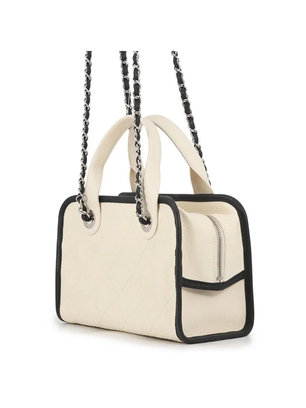 Chanel Caviar Leather CC Logo Deauville Bowling Bag 2-Way White Black